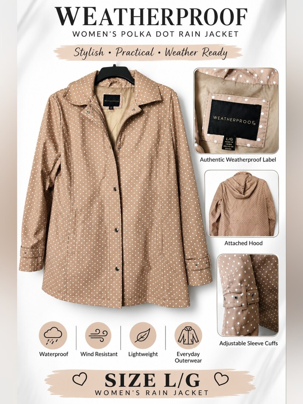 Weatherproof Women's Polka Dot Rain Jacket - Tan/White